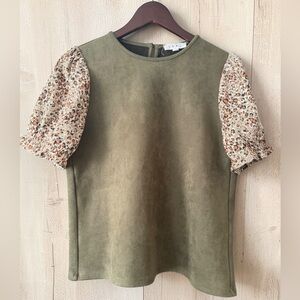 THML Olive Faux-Suede Top with Printed Puff Sleeves
